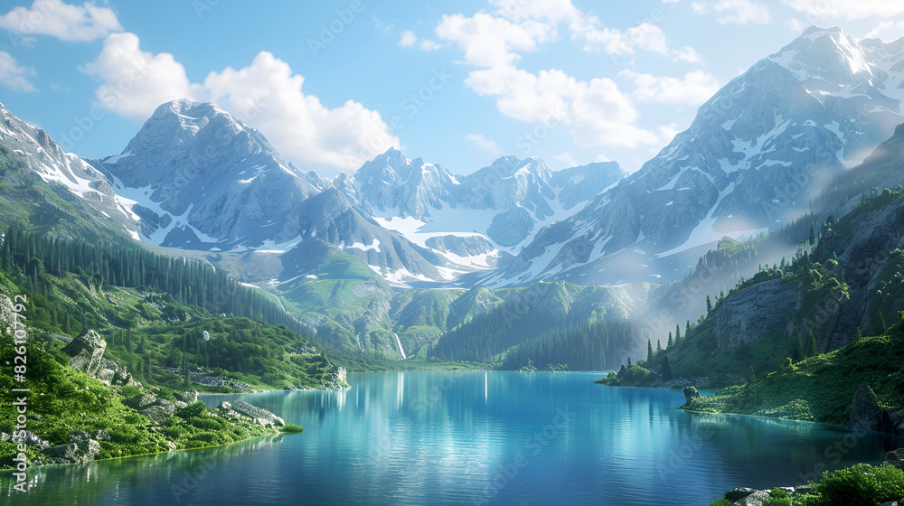 Mountain scenery with a blue lake below