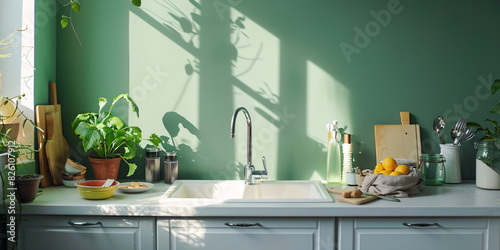 Interior of a beautiful kitchen with sink light green backwall