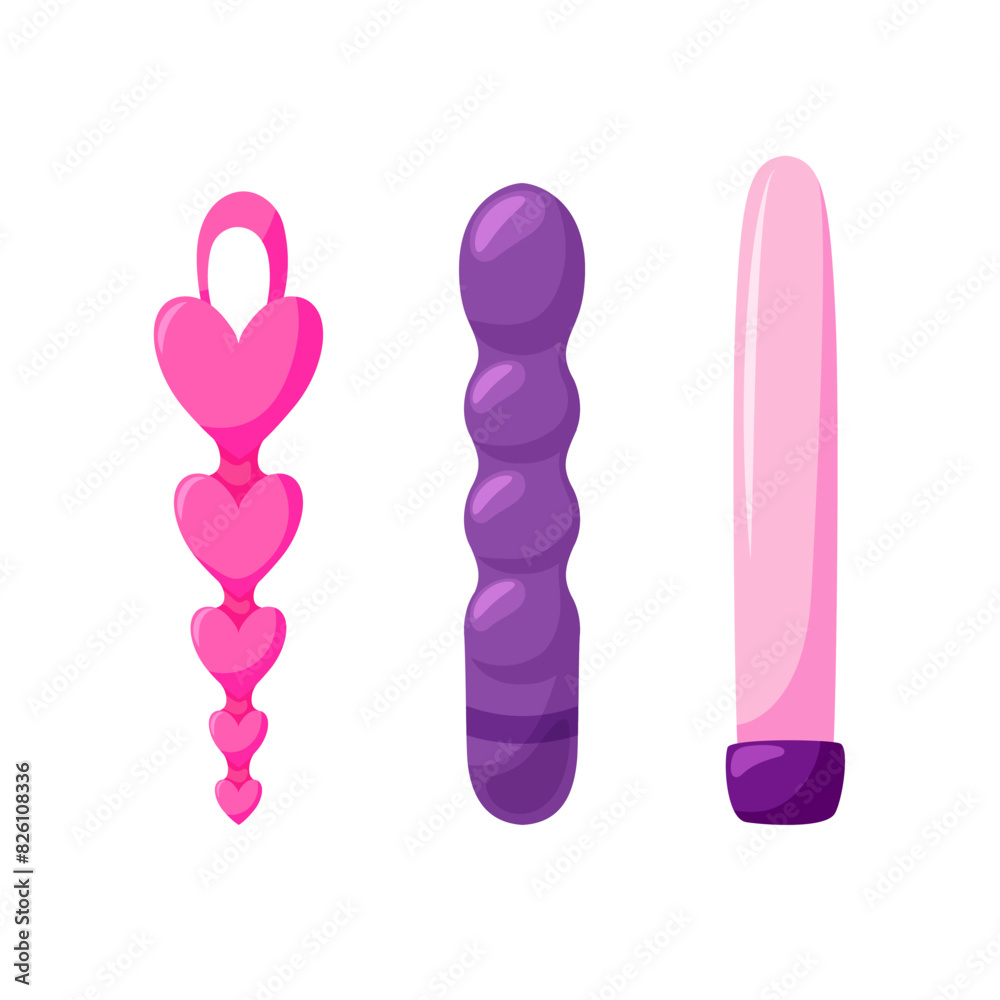 Set of vaginal balls, dildo. Different sex toys for adults. Sex shop collection. Erotic elements for games Set of vaginal balls, dildo. Different sex toys for adults. Sex shop collection. Erotic elements for games