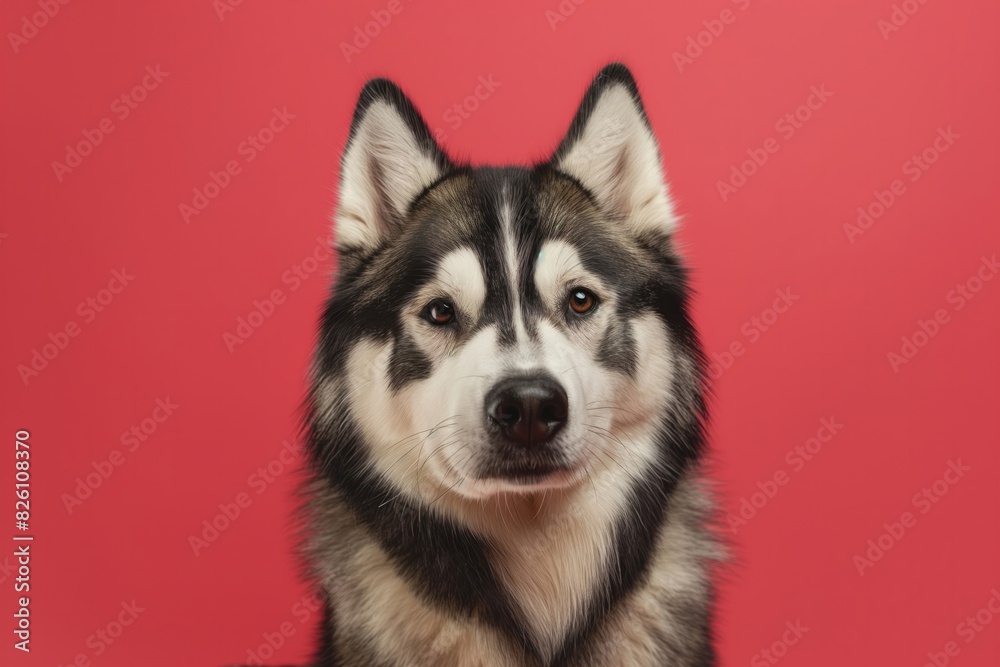 Obraz premium Alaskan Malamute dog on minimalistic colorful background with Copy Space. Perfect for banners, veterinary ads, pet food promotions, and minimalist designs.