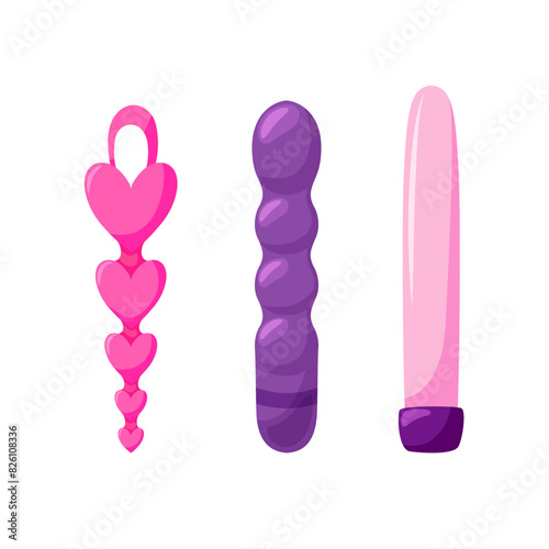 Set of vaginal balls, dildo. Different sex toys for adults. Sex shop collection. Erotic elements for games