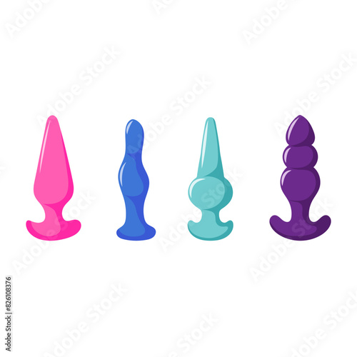 Set of anal plugs for adult sexual games. Collection of colorful sex toys