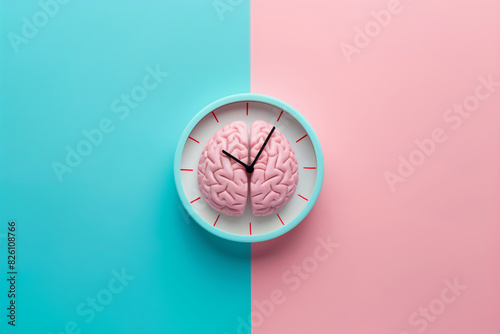 3d illustration of human brain with clock isolated on blue and pink background. Concept of circadian rhythm and biological body cycle. 