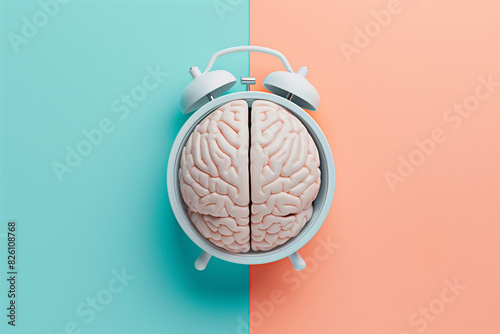 3d illustration of human brain with clock isolated on apricot and blue background. Concept of circadian rhythm and biological body cycle. 