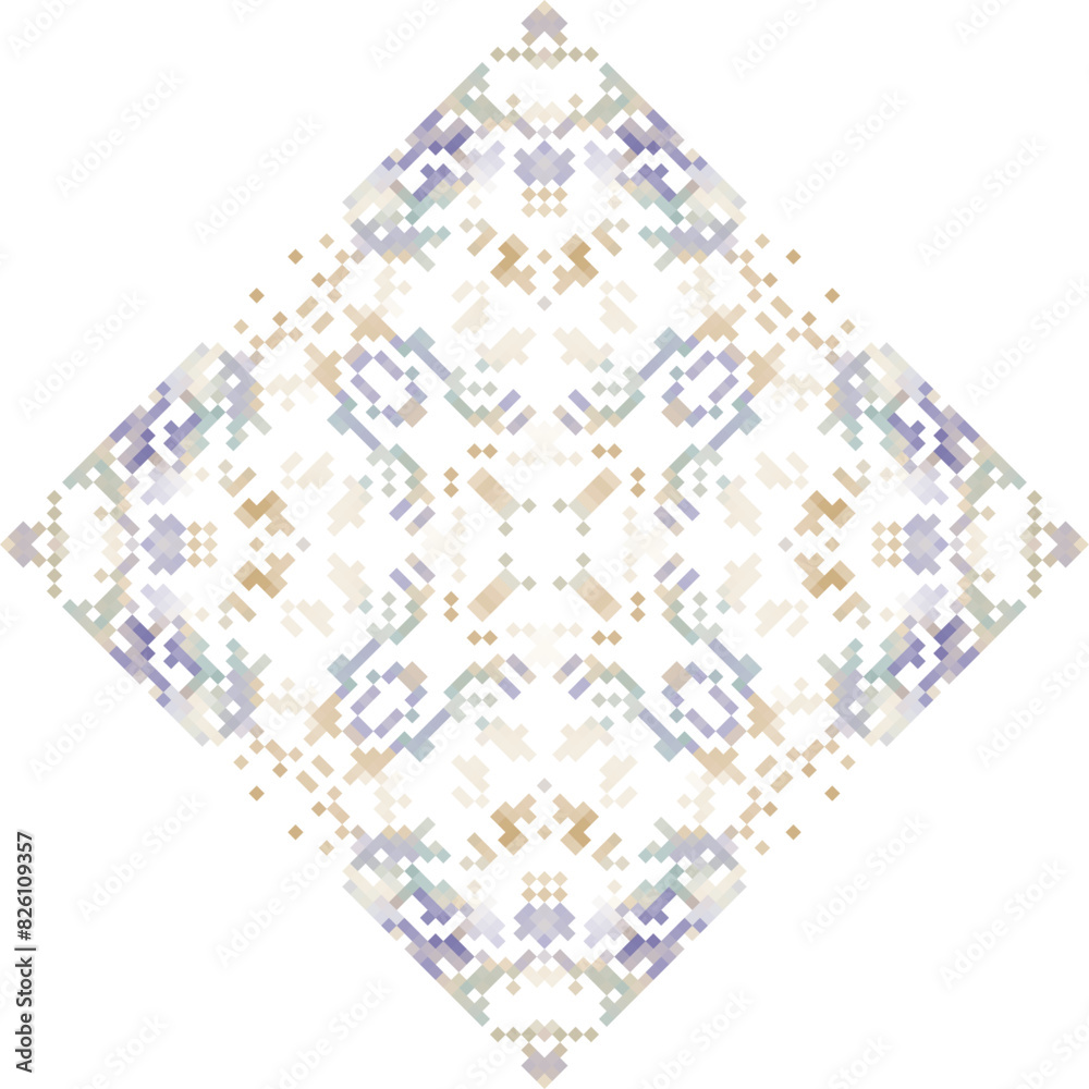 Geometric mandala of squares in a flat style ornament in the form of pixels. Embroidery dotted schemes. Textile geo prints.