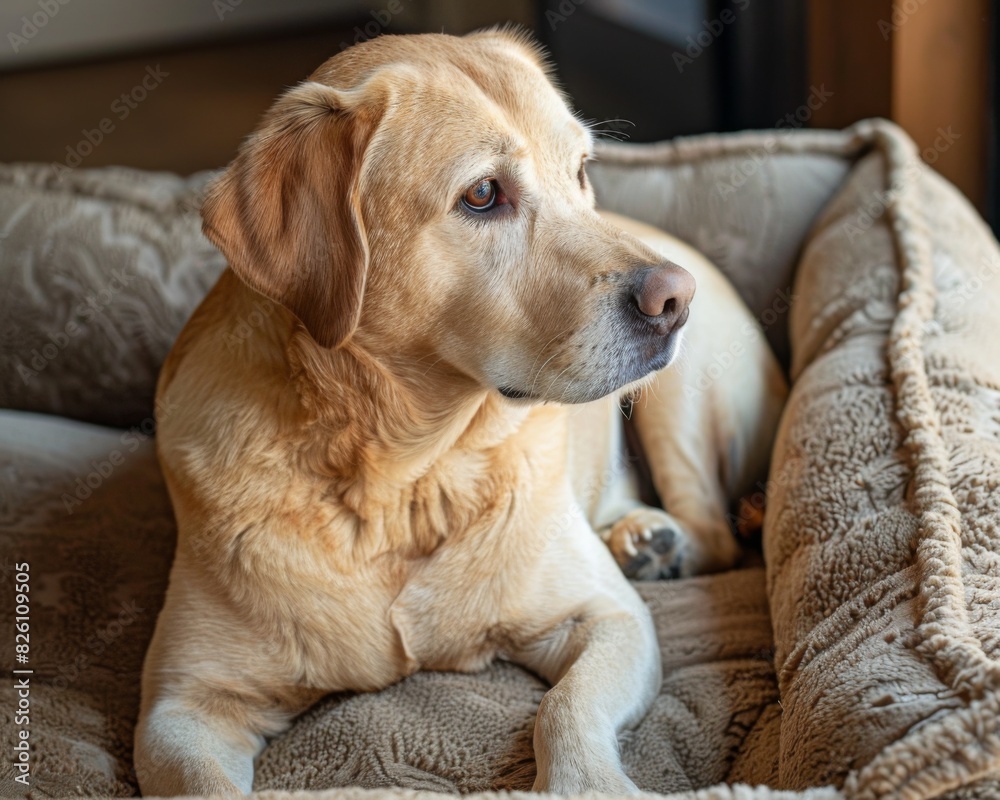 A large brown dog comfortably rests on top of a soft dog bed. A large brown dog comfortably rests on top of a soft dog bed.