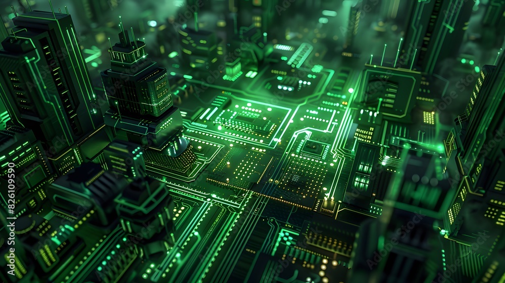 Futuristic Green Circuit Board Cityscape Digital artwork of a cityscape resembling a glowing green circuit board, symbolizing the fusion of technology and urban development. 