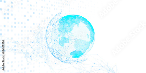 Fototapeta Naklejka Na Ścianę i Meble -  A stylized digital globe with network lines on a white background with abstract square patterns, representing global connectivity