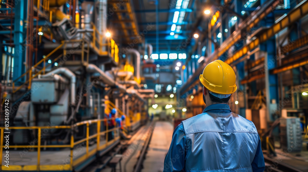 A man in a yellow helmet stands in front of a large industrial building A man in a yellow helmet stands in front of a large industrial building