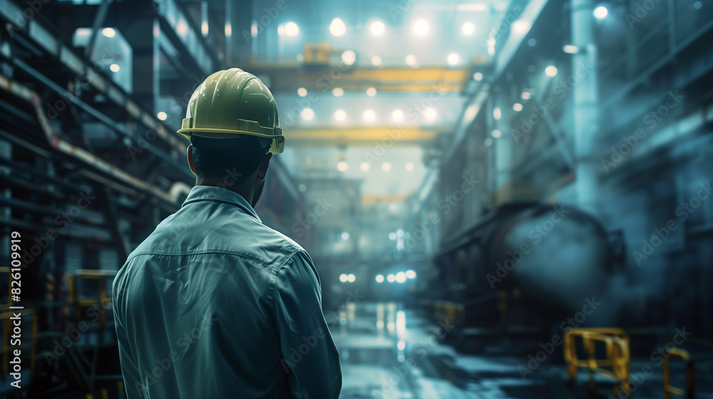 A man in a yellow helmet stands in front of a large industrial building A man in a yellow helmet stands in front of a large industrial building