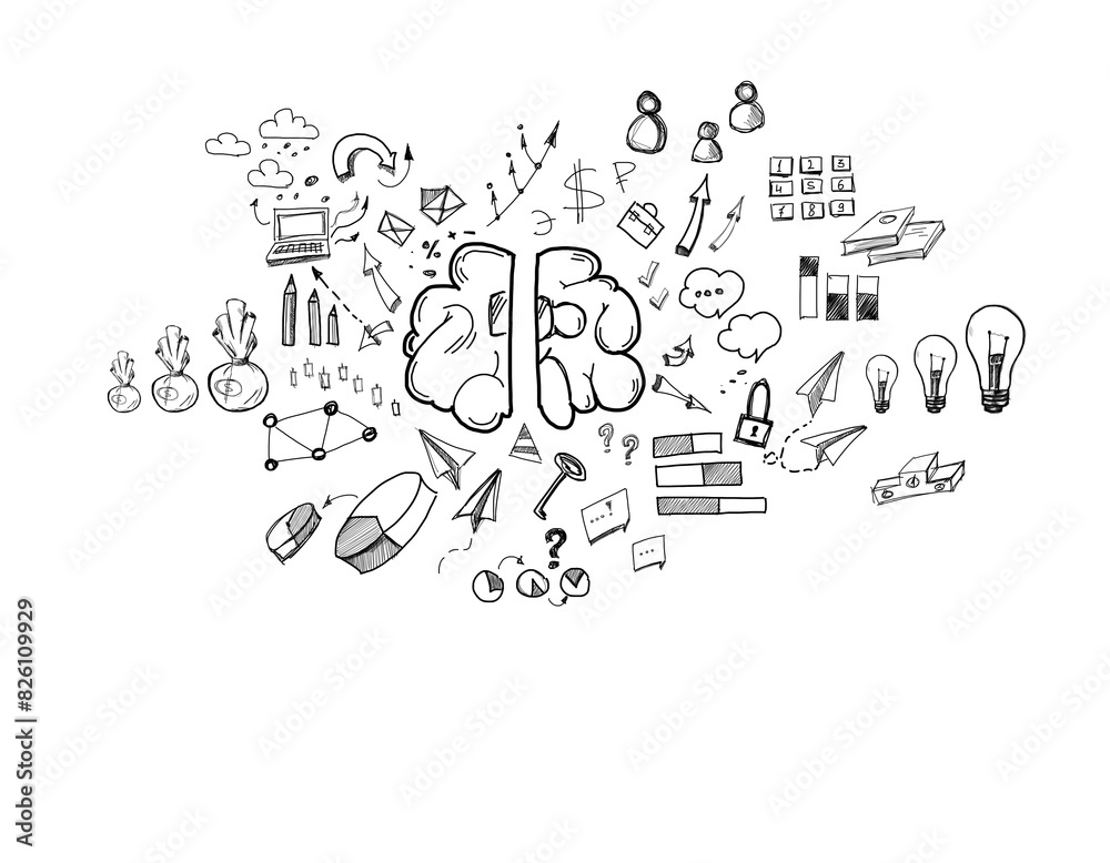 Doodle style business and technology concept icons scattered on a white background. Illustration reflecting creativity and ideas