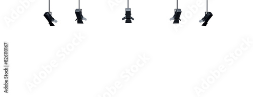 A series of identical black stage lights, evenly spaced, on a plain white background, suggesting a lighting concept photo