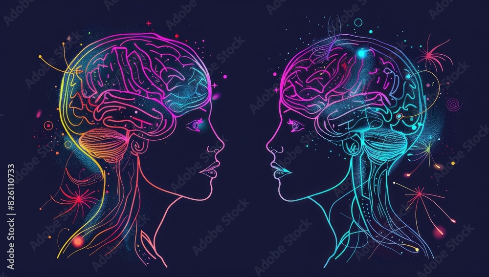 Obraz premium Neon Brain Silhouettes in Artistic Digital Illustration