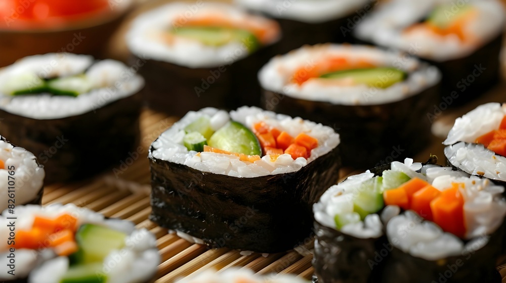 Fresh Vegetable Sushi Rolls on Bamboo Mat Ai generated Fresh Vegetable Sushi Rolls on Bamboo Mat Ai generated