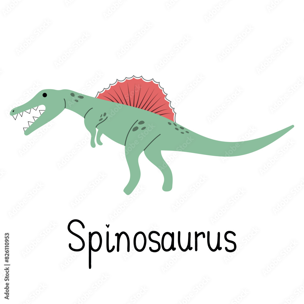 Spinosaurus dinosaur, prehistoric reptile and funny paleontology extinct animal. Cartoon hand drawn dino of Jurassic, vector lizard character. Spinosaurus dinosaur, prehistoric reptile and funny paleontology extinct animal. Cartoon hand drawn dino of Jurassic, vector lizard character.