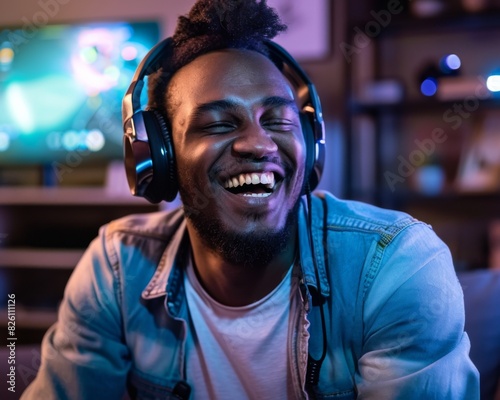 A man with a smile on his face wearing headphones while sitting in front of a television screen.