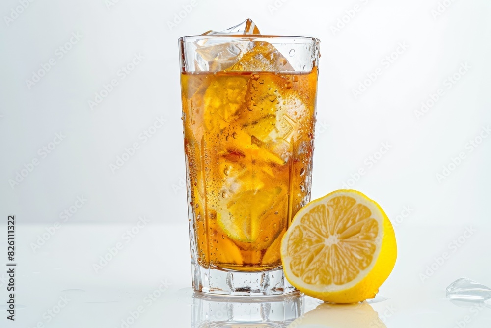Refreshing Iced Tea with Lemon Slice in Glass on White Background Refreshing Iced Tea with Lemon Slice in Glass on White Background
