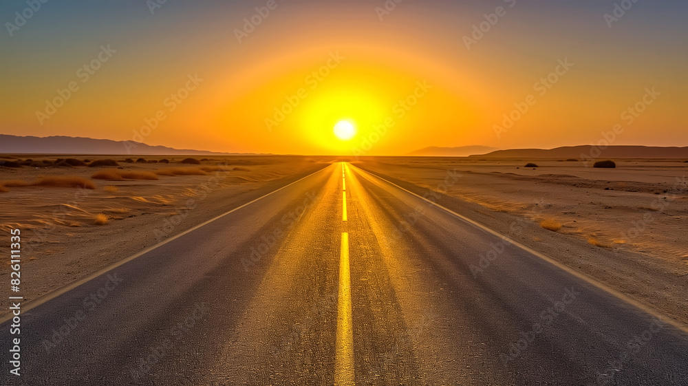 Fototapeta premium Desert highway leading into a setting sun with mountains in the distance. Wide-angle photography with copy space. Design for poster, banner, or header.