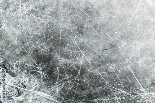 Close-up of an ice hockey rink surface, showcasing a detailed network of scratches and lines in a cool grey tone