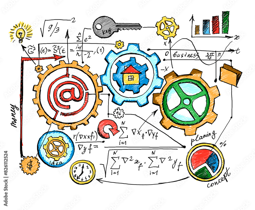 Fototapeta premium Hand-drawn doodles of gears, graphs, and symbols representing business and planning concepts on a white background