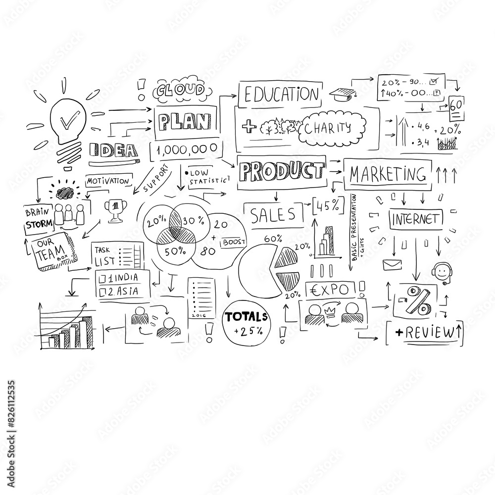 Hand-drawn business strategy doodles on a white background, depicting concepts such as sales, marketing, and education