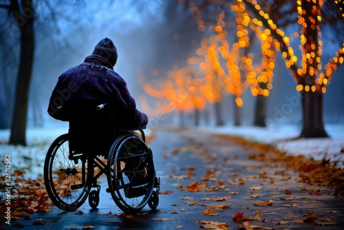 A person in a wheelchair navigating a busy city path. photo
