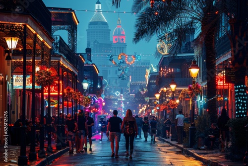 Mardi Gras Street Party in New Orleans with Floats, Music, and Vibrant Colors