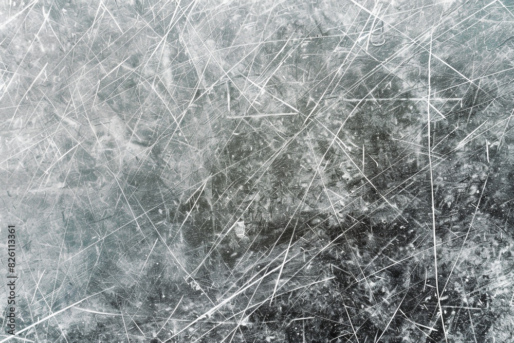 Fototapeta premium Close-up of an ice hockey rink surface, showcasing a detailed network of scratches and lines in a cool grey tone