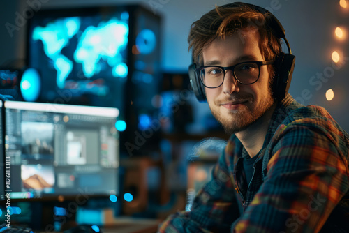 Young game designer working in a modern gaming studio