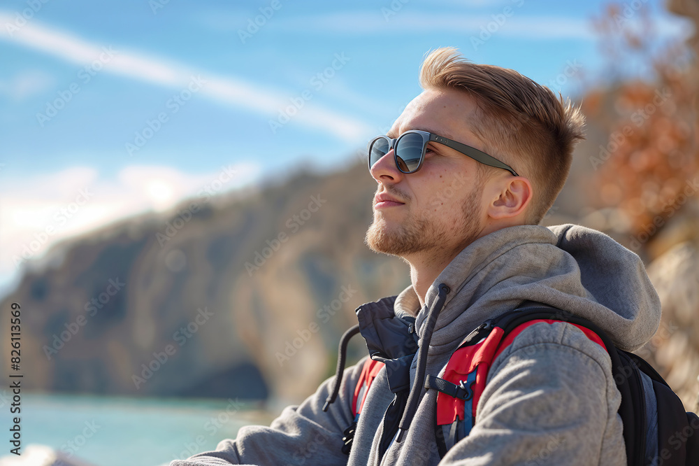A man wearing a backpack and sunglasses stands while looking off into the distance, seemingly relaxed and taking in the fresh air A man wearing a backpack and sunglasses stands while looking off into the distance, seemingly relaxed and taking in the fresh air