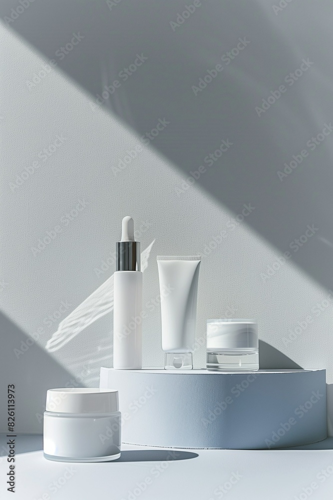 Cosmetic care products on the table on a gray background with blank labels.  Spa, skin care.  Natural cosmetics in containers.  Bottles with products