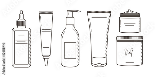 Set of contour drawings of cosmetic products. Cream, serum, spf outline icons. Skincare and beauty routine. Simple black line vector illustration. Cosmetology equipment