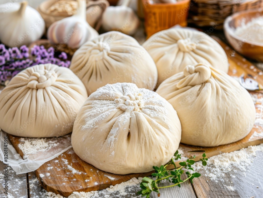 Assorted dumplings arranged on a wooden cutting board. Assorted dumplings arranged on a wooden cutting board.