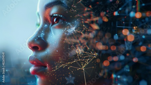 Close-Up of a Woman's Face with Futuristic Digital Elements and Abstract Lights