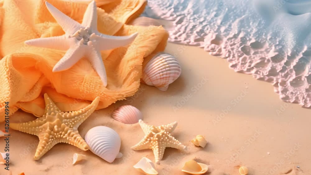 This Starfish, shells, and seashells scattered on sandy beach by the ocean.