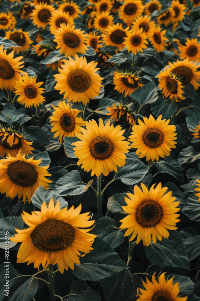 Aerial view of a sunflower field with plants arranged in a precise, geometric pattern. Emphasize the contrast between the vibrant flowers and the green leaves, using a minimalist approach.