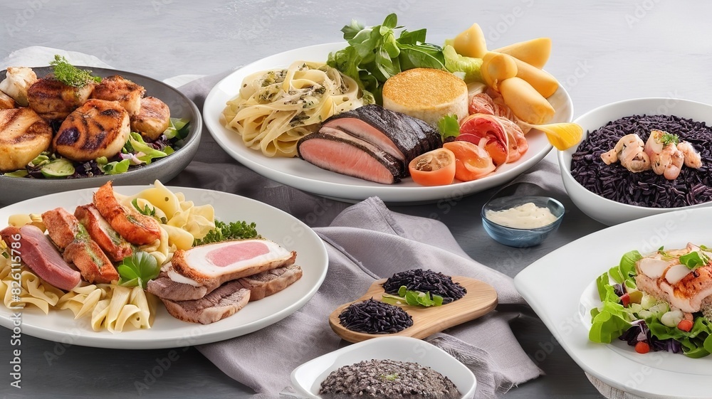 Many kinds of food on the table, ribeye steak, turkey with black rice. Pasta with seafood, club sandwich Many kinds of food on the table, ribeye steak, turkey with black rice. Pasta with seafood, club sandwich