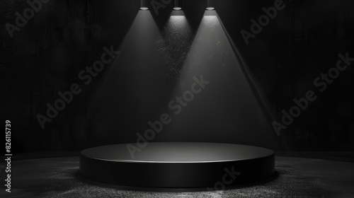 Dramatic empty stage with spotlight. Perfect for presentations, performances, and events in a dark and moody environment. Great for stock photos.