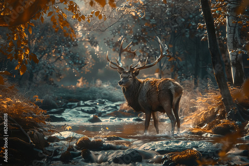 Majestic deer standing in a serene forest stream during autumn