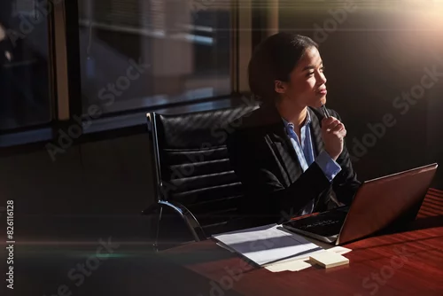 Obraz Attorney, woman and laptop with thinking in office for case administration, choice and review information for court. Person, lawyer or advocate by computer, notes and documents at commercial law firm