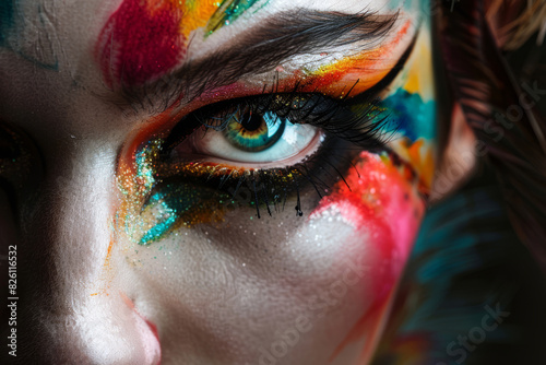 Close-up of colorful artistic makeup on model's eye photo