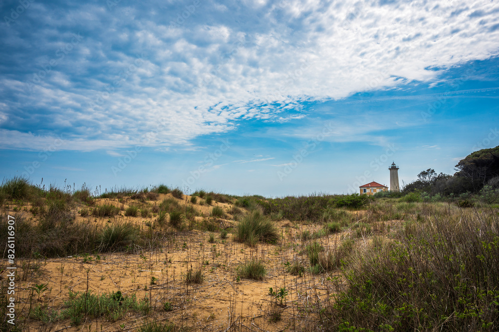 Between the plain and the sea. The lighthouse of Bibione, the dunes and its natural environment. Between the plain and the sea. The lighthouse of Bibione, the dunes and its natural environment.