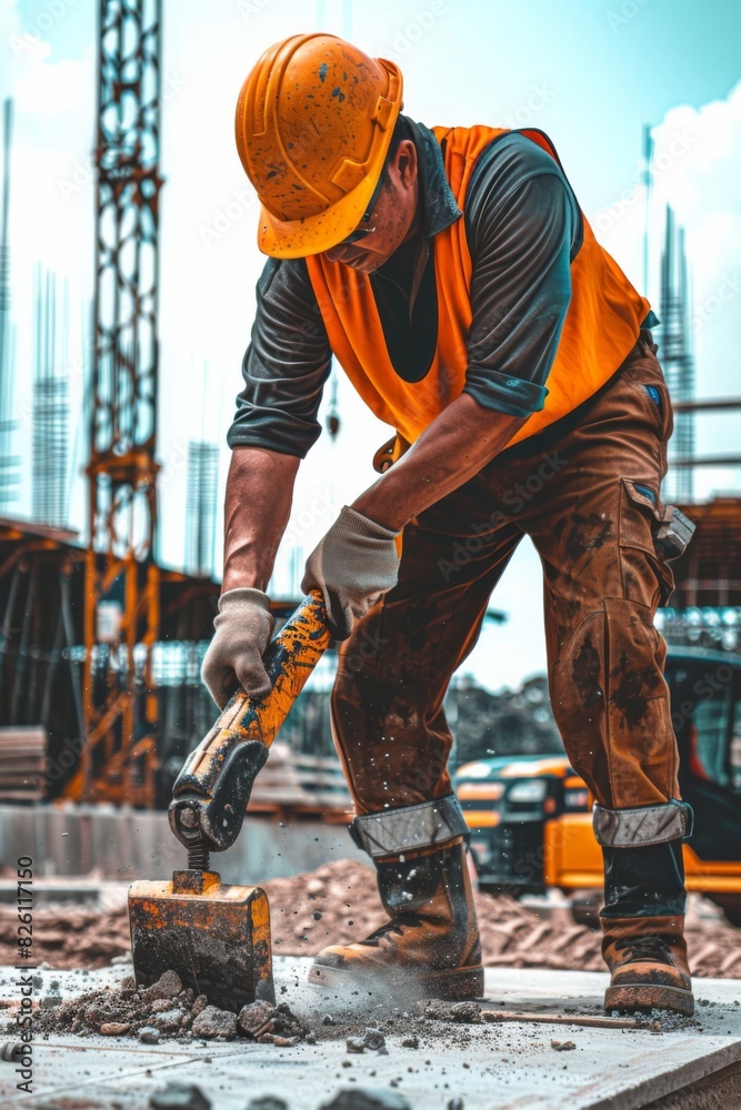 A construction worker in hard hat and safety gear using a jackhammer at a construction site. A construction worker in hard hat and safety gear using a jackhammer at a construction site.