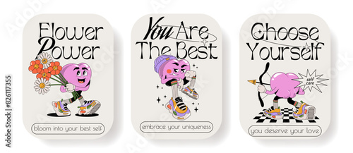 	
Retro funny posters with motivational walking characters heart. Lettering illustration for t-shirt print. Self love concept, quotes about love yourself