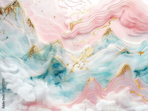 Gold inlaid jade carving, an ultra wide shot of pink and blue waves with golden lines, mountains composed of clouds, in the style of a Chinese landscape painting, soft colors, a pink background, white