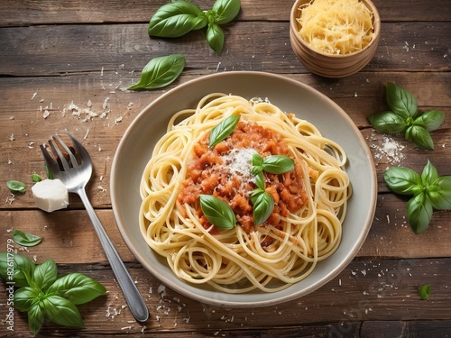 Close-up of a plate of Italian pasta and spaghetti food. With fresh basil and grated Parmesan cheese Delicious soft noodles. top view