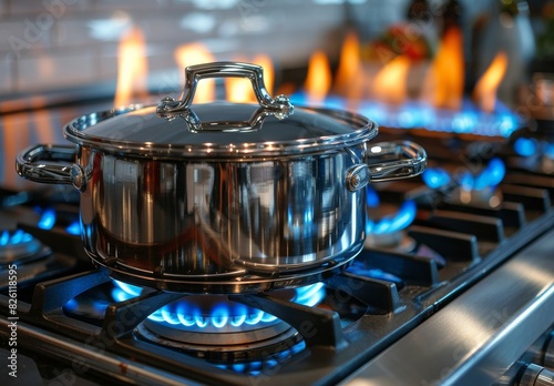 A close-up image of a stainless steel pot on a gas stove, with blue flames subtly highlighting the process of cooking