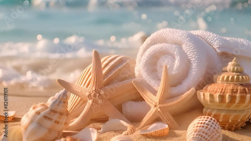 This Seashells and starfish scattered on a sandy beach. Seashells and Starfish on Sandy Beach photo