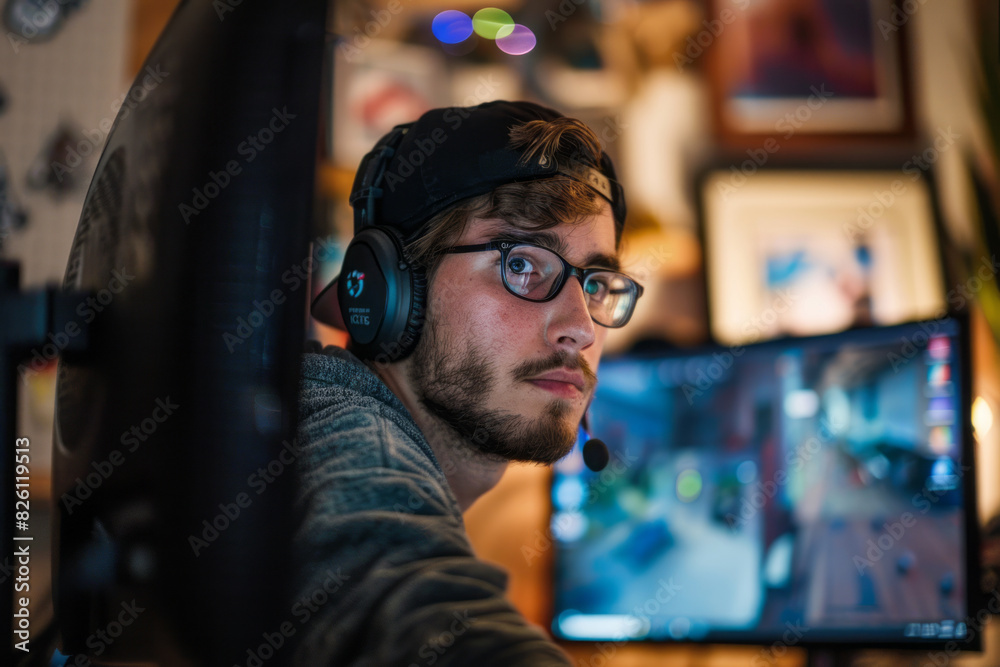 Young man streaming online with headset and computer in background Young man streaming online with headset and computer in background