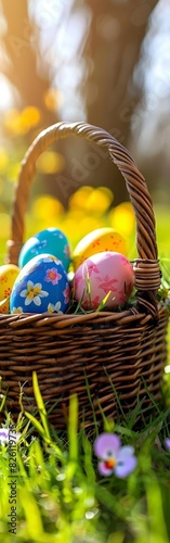 A wicker basket filled with decorated Easter eggs in vibrant colors. photo